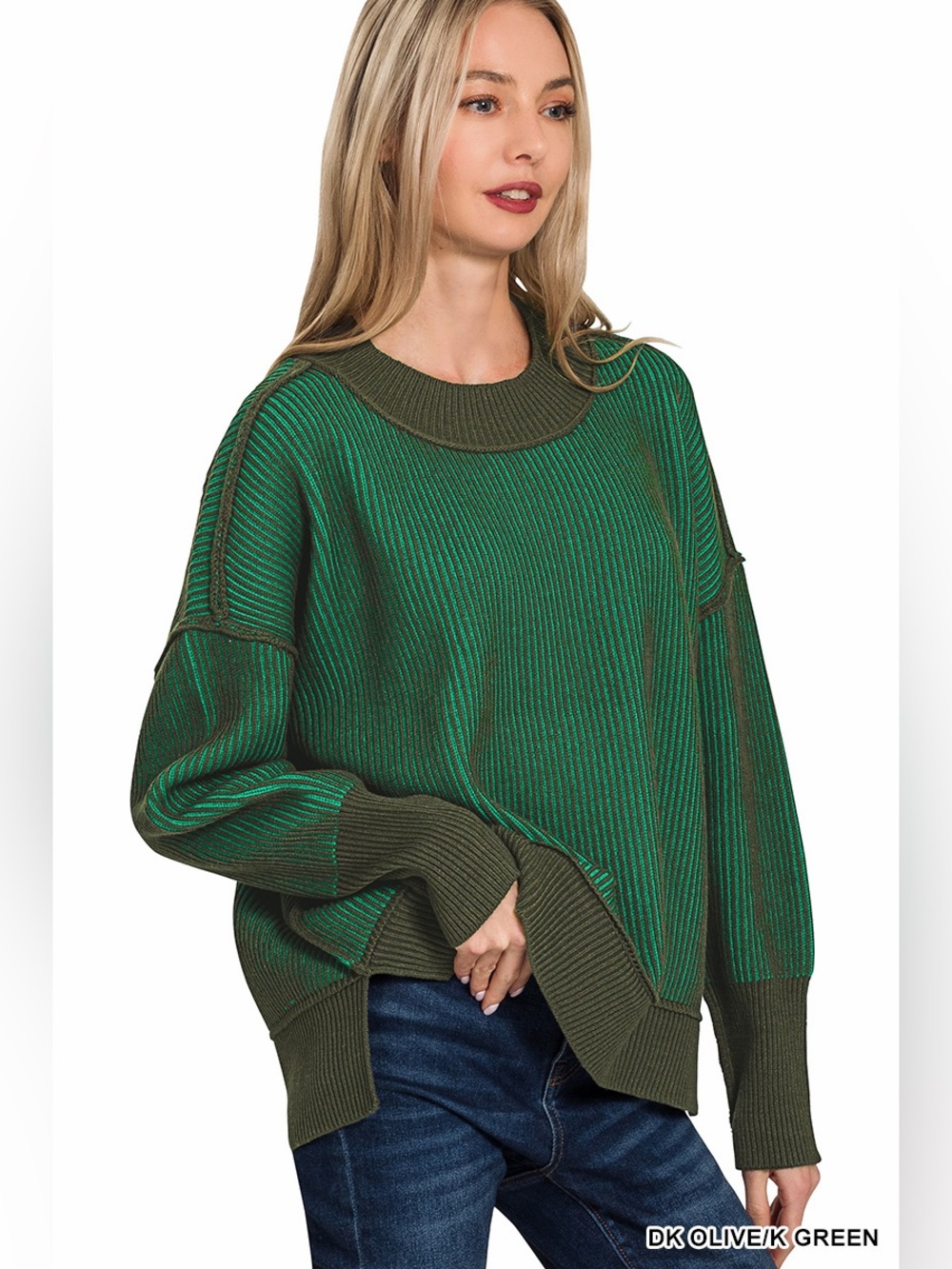 Zenana EXPOSED SEAM TWO TONE SWEATER - Dark Olive/K Green
